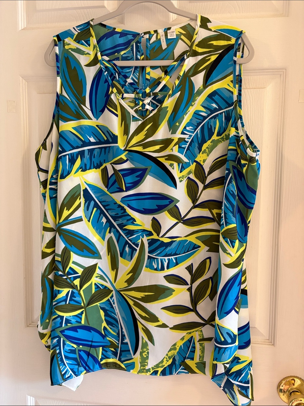 Cato Tropical Leaf V-Neck Sleeveless Top - Blue, Green & White